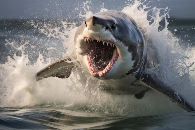 Riveting rencontre le grand requin blanc qui brise et attaque le phoque.