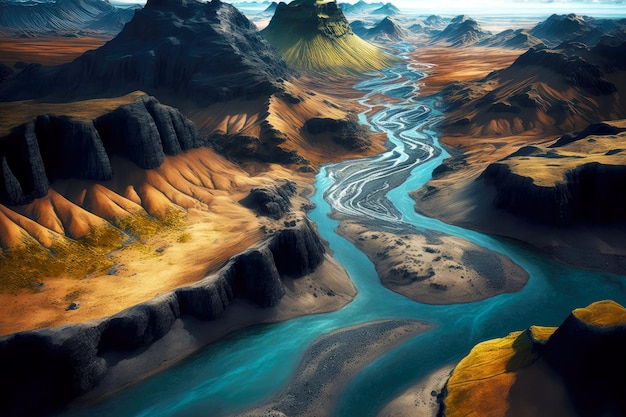 Rivière aérienne islandaise et hautes montagnes rocheuses contre le ciel
