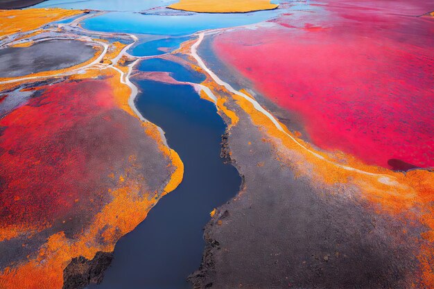 Rivière aérienne d'islande dans de beaux tons verts rouges vue de dessus