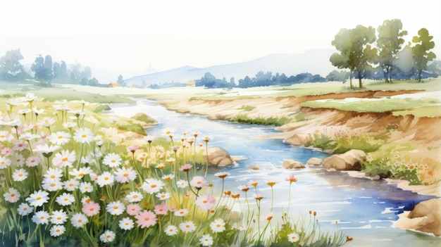 Une rivière d'aquarelle dans un champ de marguerites