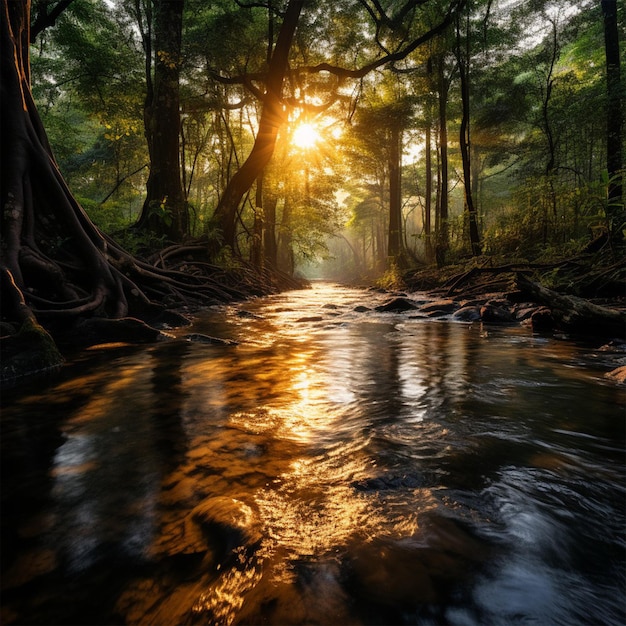 une rivière avec un arbre en arrière-plan et le soleil brillant à travers les arbres