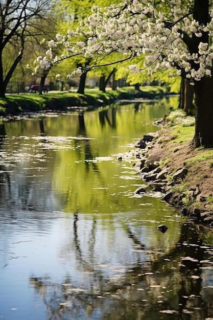 une rivière avec un arbre qui a un reflet dans elle