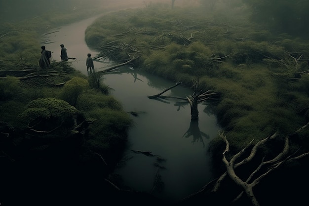 une rivière avec un arbre qui en sort.