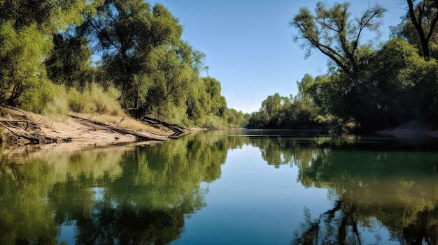 Une rivière avec des arbres et un ciel bleu