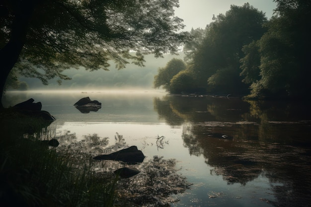 Une rivière avec des arbres et un ciel brumeux