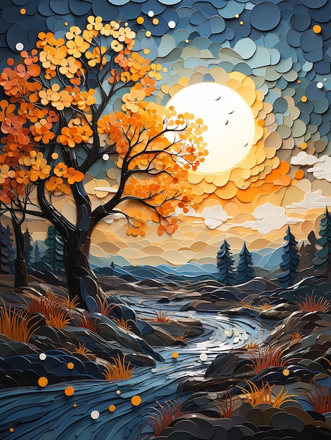 rivière arbres coucher de soleil papier incroyable créatif très inventif modèle coupe automne saison ridgeway