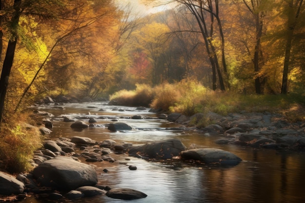 Une rivière à l'automne avec un ciel coloré