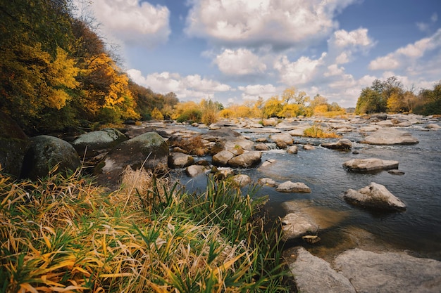 Rivière d'automne avec de grosses pierres dans l'eau arbres ciel bleu et nuages mise au point sélective