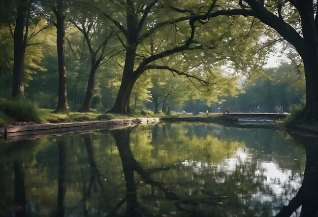 Photo une rivière avec un bateau et un arbre avec un reflet