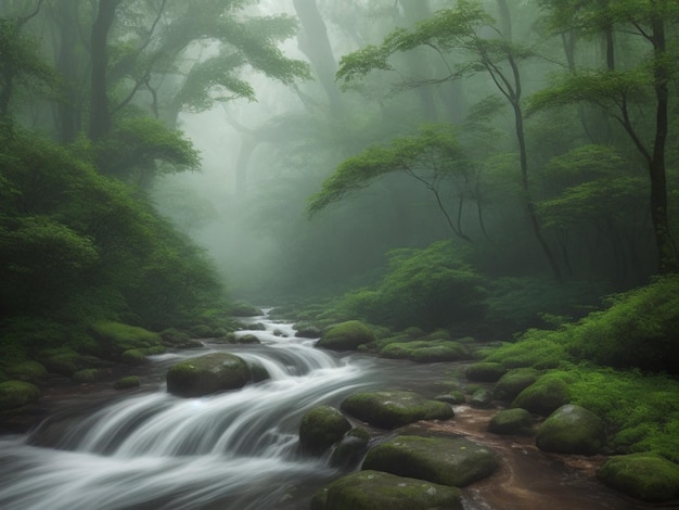 Rivière boisée sous un ciel nuageux