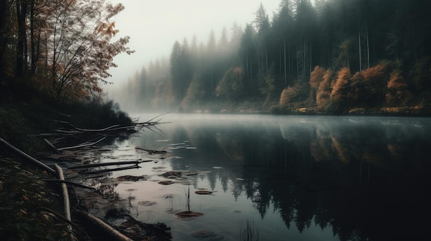 Une rivière brumeuse avec une forêt en arrière-plan