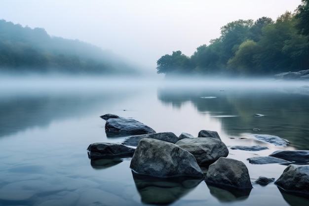 Une rivière calme avec des pierres et un brouillard doux en arrière-plan