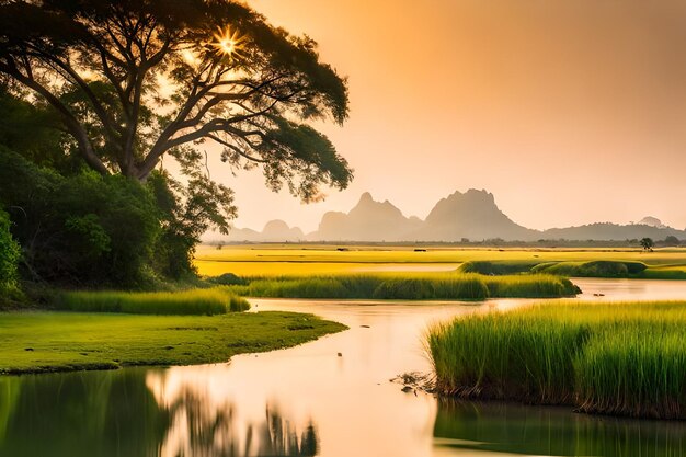 Photo une rivière avec un coucher de soleil en arrière-plan