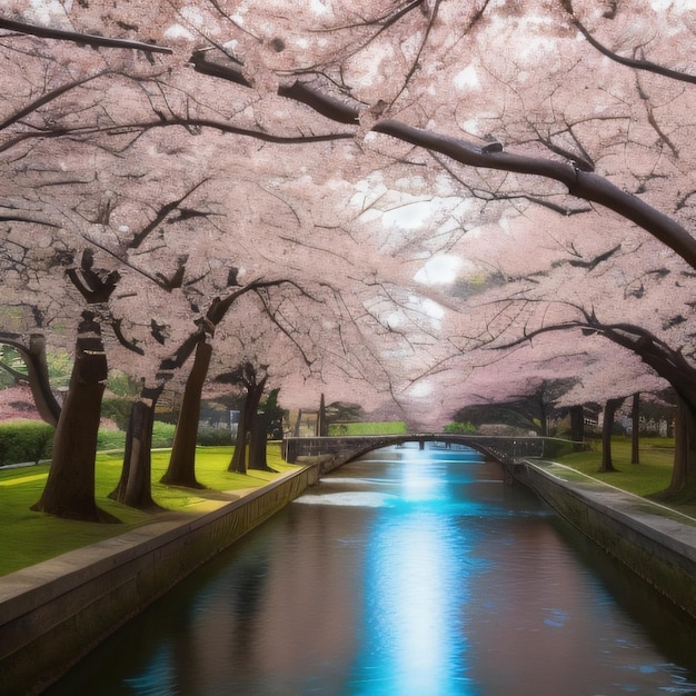 Une rivière coule dans un tunnel de fleurs de cerisier.