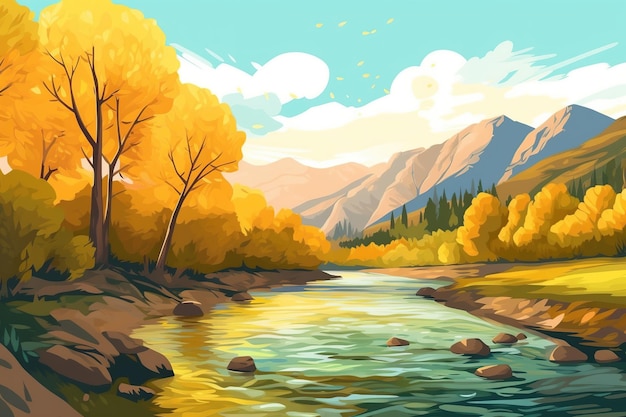 La rivière coule près des arbres d'automne avec des feuilles jaunes près des montagnes paysage d'automne ai générative
