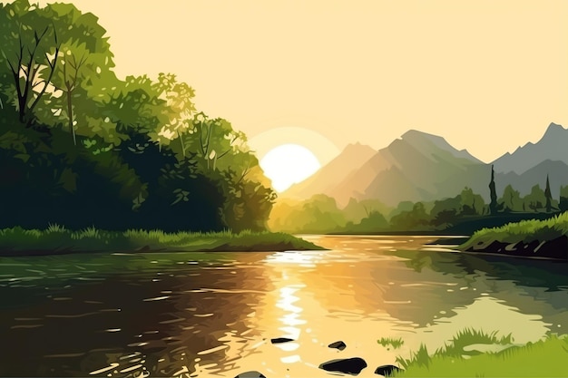 La rivière coule près des prés verts et des arbres près des montagnes au lever du soleil générative ai