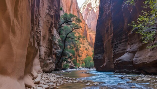 Photo une rivière coule à travers un canyon avec un arbre qui en sort.