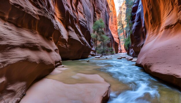 une rivière coule à travers un canyon avec une cascade en arrière-plan