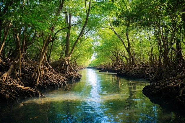 une rivière coule à travers une forêt de mangrove.