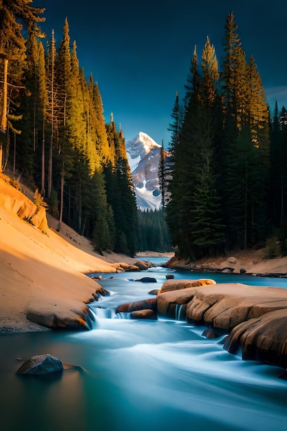 Une rivière coule à travers une forêt avec une montagne en arrière-plan.