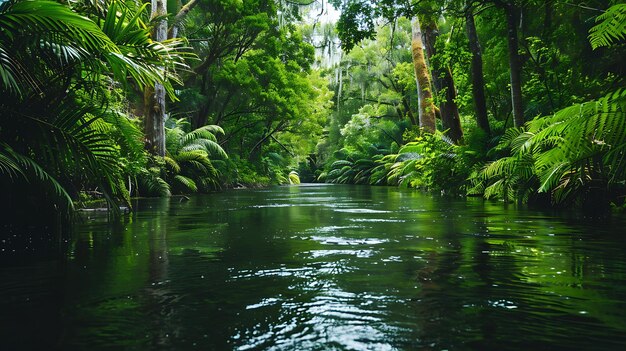 une rivière coule à travers une jungle avec des arbres et des plantes