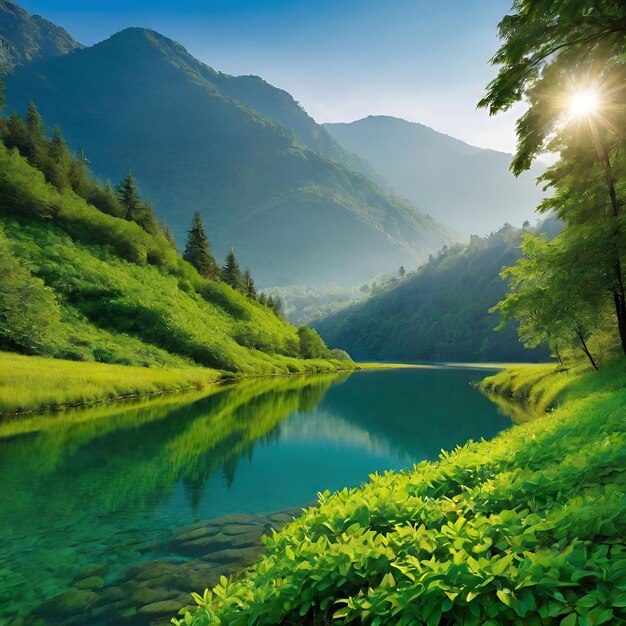 une rivière coule à travers une vallée de montagne avec un reflet du soleil dans l'eau