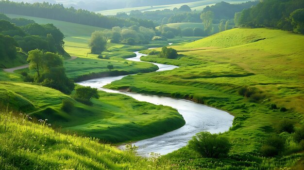 Photo une rivière coule à travers une vallée verte.