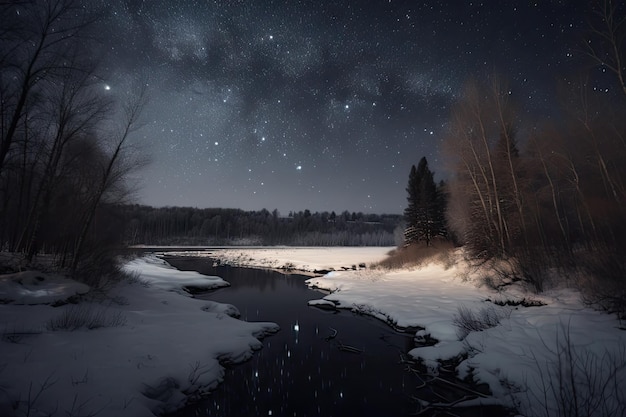 Rivière couverte de glace avec vue sur le ciel nocturne et les étoiles visibles au-dessus