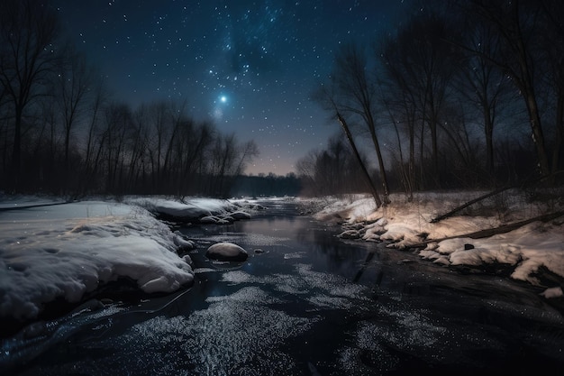 Rivière couverte de glace avec vue sur le ciel nocturne et les étoiles visibles au-dessus