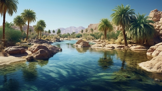 Une rivière dans le désert avec des palmiers et des montagnes en arrière-plan