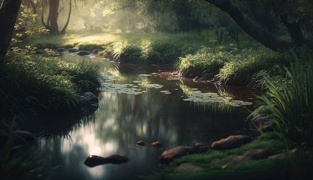 Une rivière dans la forêt avec un arbre au premier plan et un soleil qui brille sur l'eau.