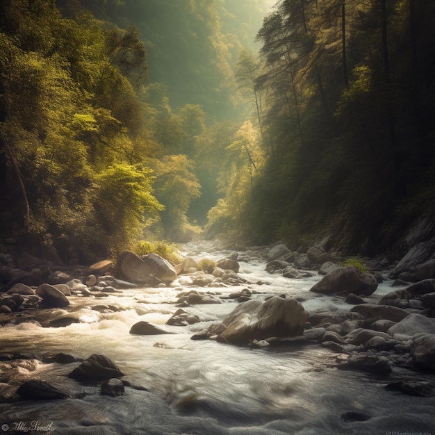 Une rivière dans la forêt avec le soleil qui brille sur les rochers