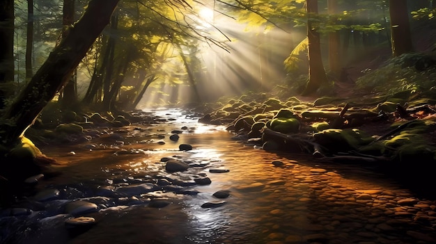 Une rivière dans la forêt avec le soleil qui brille à travers les arbres