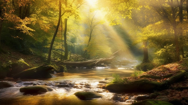 Une rivière dans la forêt avec le soleil qui brille à travers les arbres