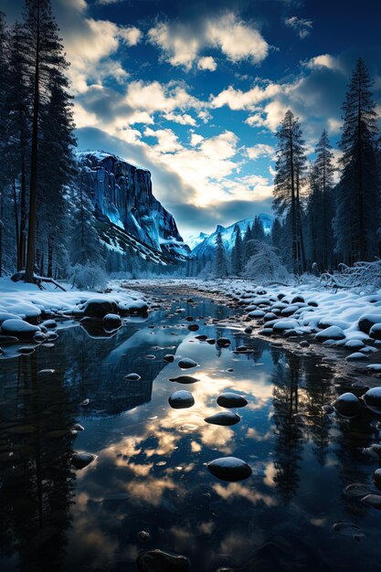 une rivière dans la neige avec un ciel bleu et des nuages