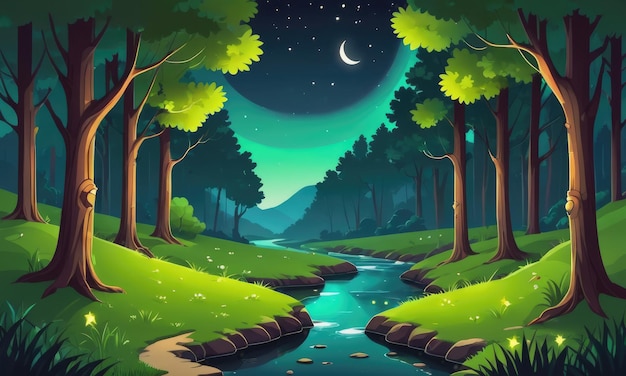 Rivière dans la nuit forêt montagne nature vecteur dessin animé paysage herbe verte