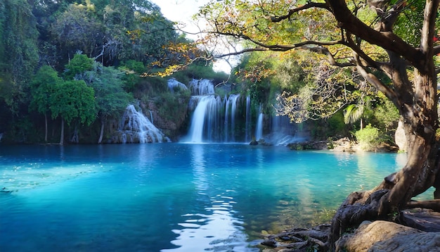 Une rivière d'eau bleue avec un arbre vert