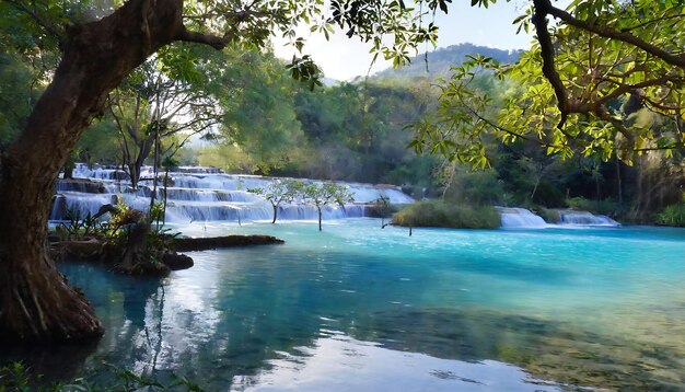 Une rivière d'eau bleue avec un arbre vert