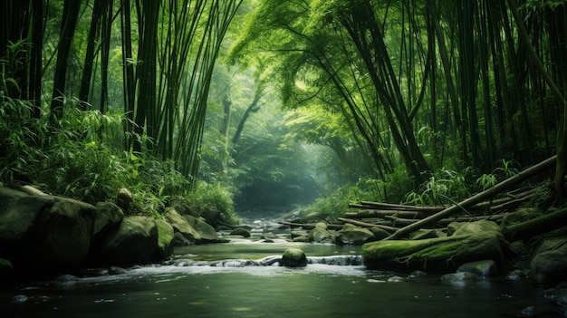 Une rivière éloignée avec des forêts de bambou luxuriantes et un ciel