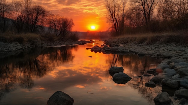Une rivière endiguée avec un coucher de soleil lumineux généré par l'IA