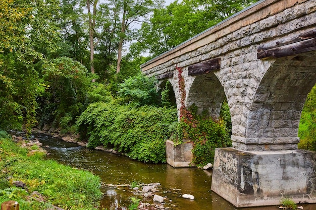 Rivière avec d'énormes arches en pierre du pont de la voie ferrée traversant