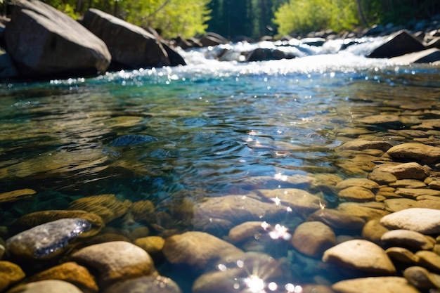 Photo une rivière ensoleillée avec de l'eau gazeuse et des rochers