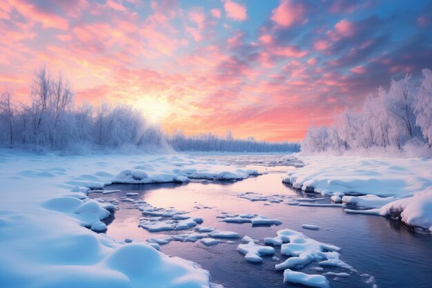 une rivière entourée d'arbres couverts de neige et de glace