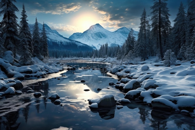 une rivière entourée d'arbres et de montagnes couverts de neige