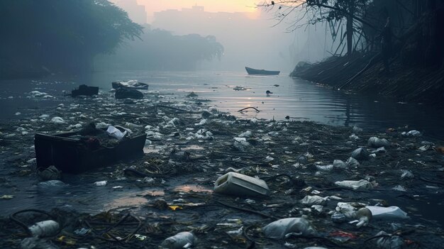 Photo une rivière est recouverte de débris de plastique dans le style d'un effet de filtre multiple