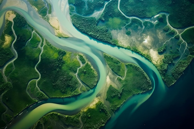 Une rivière est vue d'en haut avec un fond bleu.