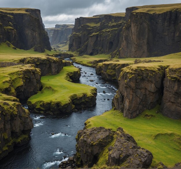 Photo une rivière avec une falaise de mousse verte et une rivière en arrière-plan