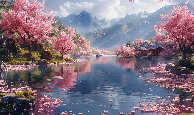 une rivière avec des fleurs de cerisier et un reflet d'un cerisier en fleurs
