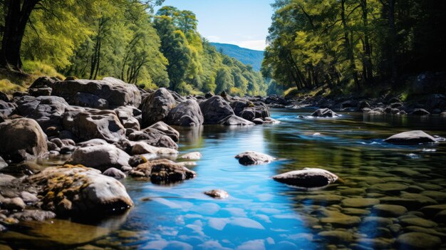 Photo une rivière floue avec des rochers et des arbres au premier plan