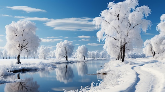 rivière gelée avec des arbres couverts de neige